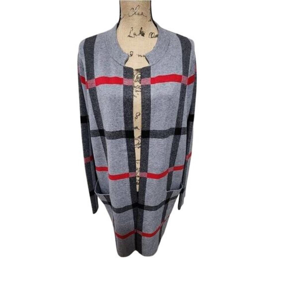 TAHARI plaid windowpane red, Black, & Grey long‎ coatigan heavy cardigan sweater